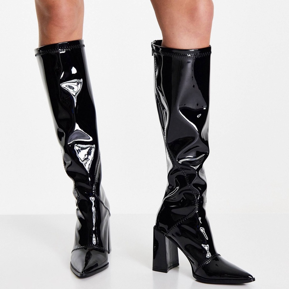 Glamorous knee high heel boot in black stretch patent - Picture 4 of 6